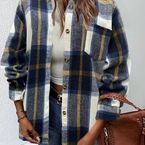 Women’s Blue Plaid Print Shacket Jacket Casual Button Front Long Sleeve NWT - Picture 8 of 8